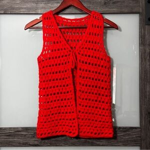 Vintage 1970's Handmade Crochet Red Tie Vest Retro Holiday Festival Hippie